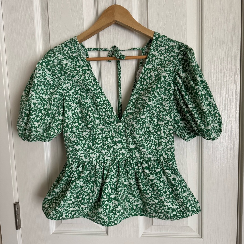 Topshop Green Floral Puff Sleeve Peplum Blouse | Size 6 | 100% Cotton